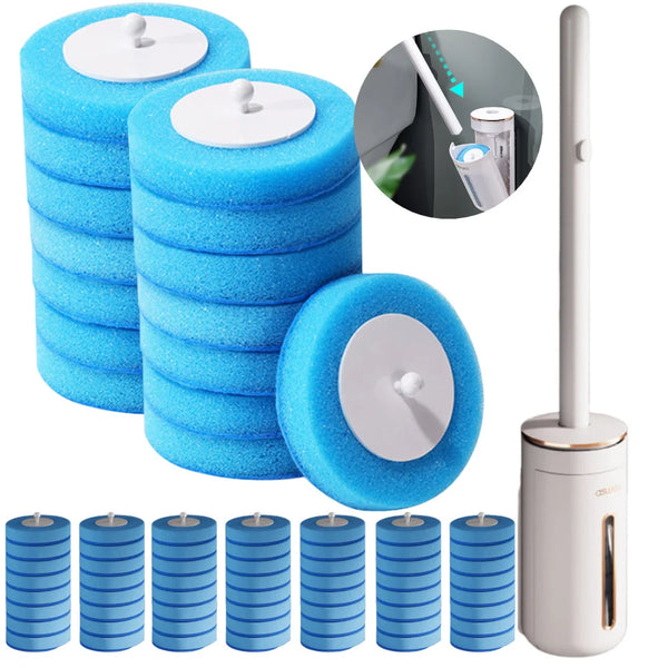 Set aus blauen Silikon-Toilettenreinigerbürsten und eine Langhantelbürste für Aromatherapie-Reinigung.