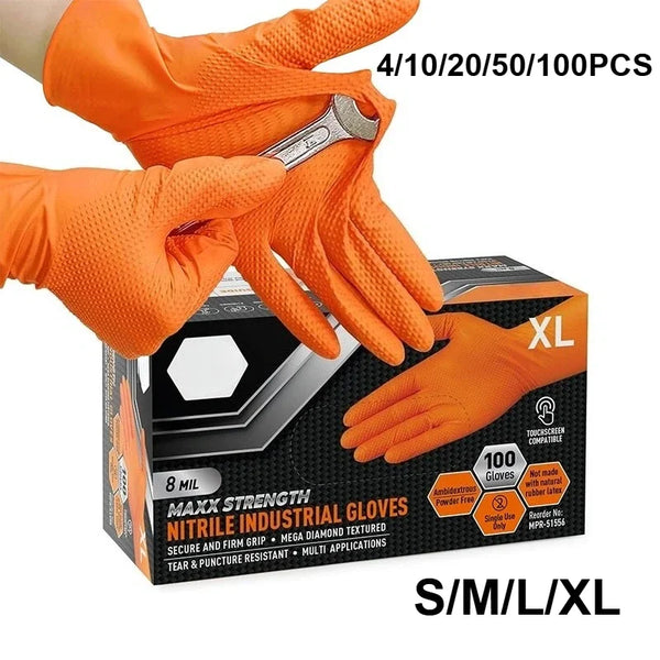 Orange nitrile industrial work gloves shown being worn, with an XL size box visible.