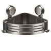A stainless steel triangular suction cup storage shelf with a slotted base and two circular suction cups.