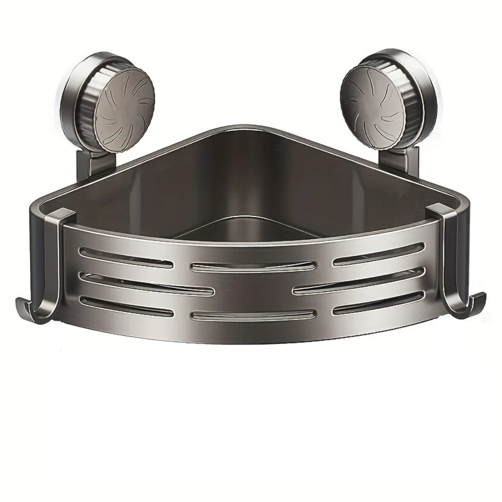 A stainless steel triangular suction cup storage shelf with a slotted base and two circular suction cups.