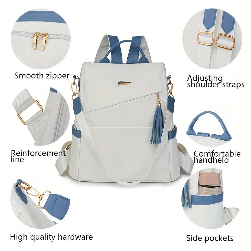 White and blue PU leather travel backpack showing various features like zippers straps and pockets
