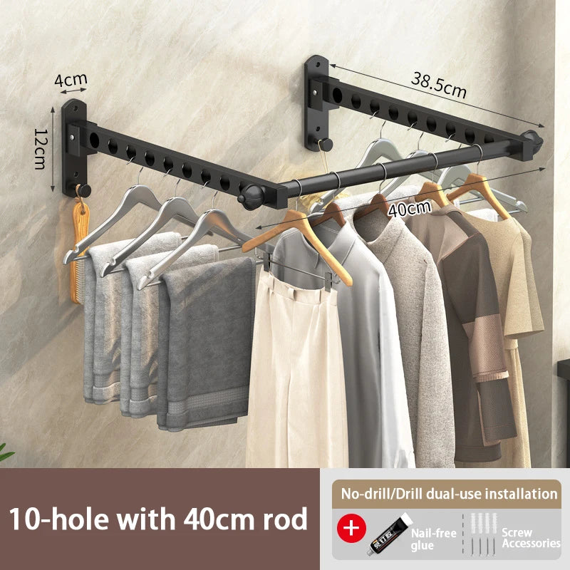 Black wall-mounted clothes drying rack with a 40cm rod and 10 holes for dual-use installation