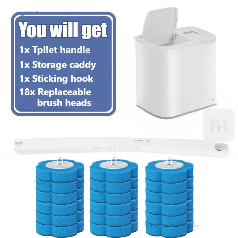 Kit de nettoyage pour cuvette, avec plusieurs têtes de brosse et un porte-accessoires.
