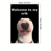 A black and white wall tapestry featuring a close-up of a dog's face with the text Welcome to my crib