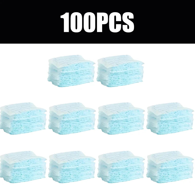 A pack of 100 pieces of light blue disposable microfiber duster refills.