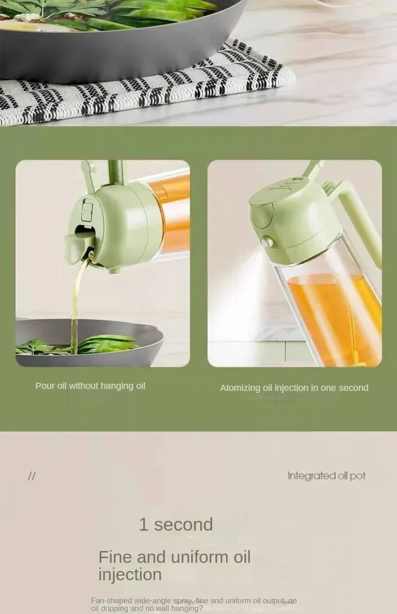 A green oil spray bottle is shown dispensing oil into a glass, demonstrating fine and uniform oil injection.