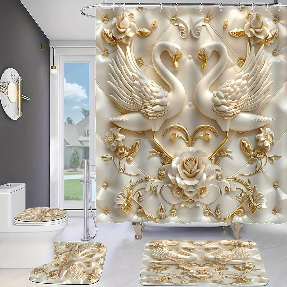 Luxuriöses Blumenset für das Badezimmer mit dekorativem Handtuch und passenden Matten.