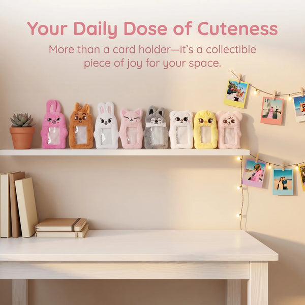 A collection of plush doll storage bags in various colors and designs displayed on a shelf.