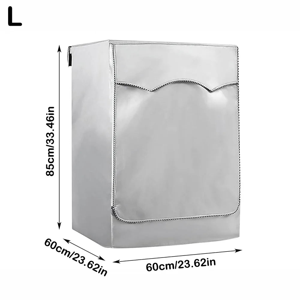 Silver Oxford washing machine cover with a roll edge detail.