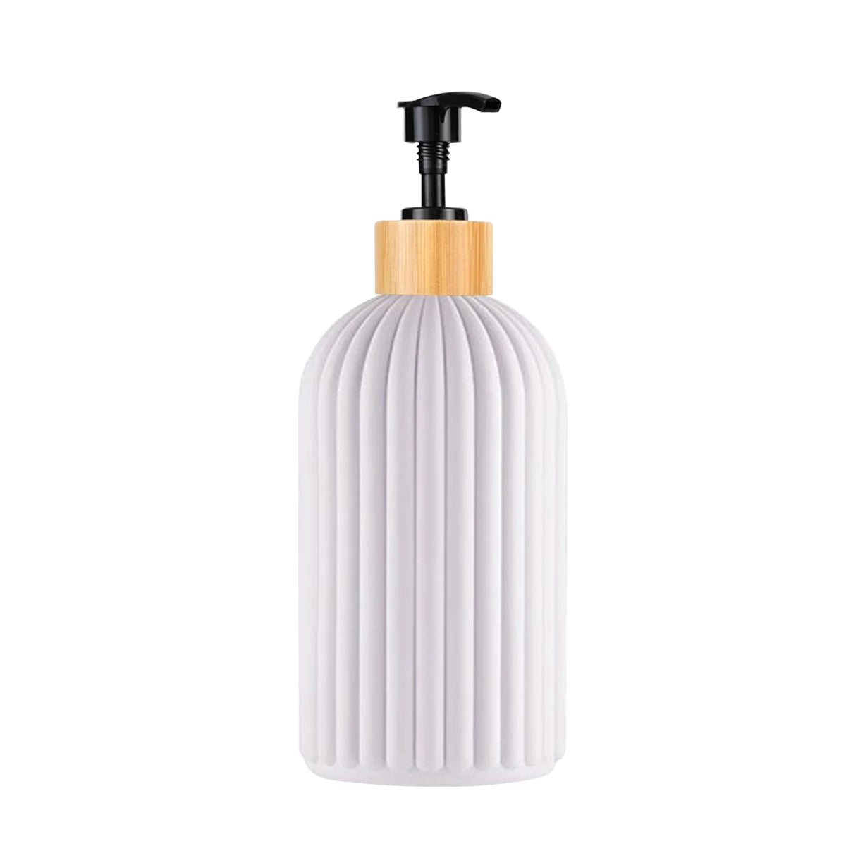 A white ceramic soap dispenser with a wooden pump top and a black pump mechanism.