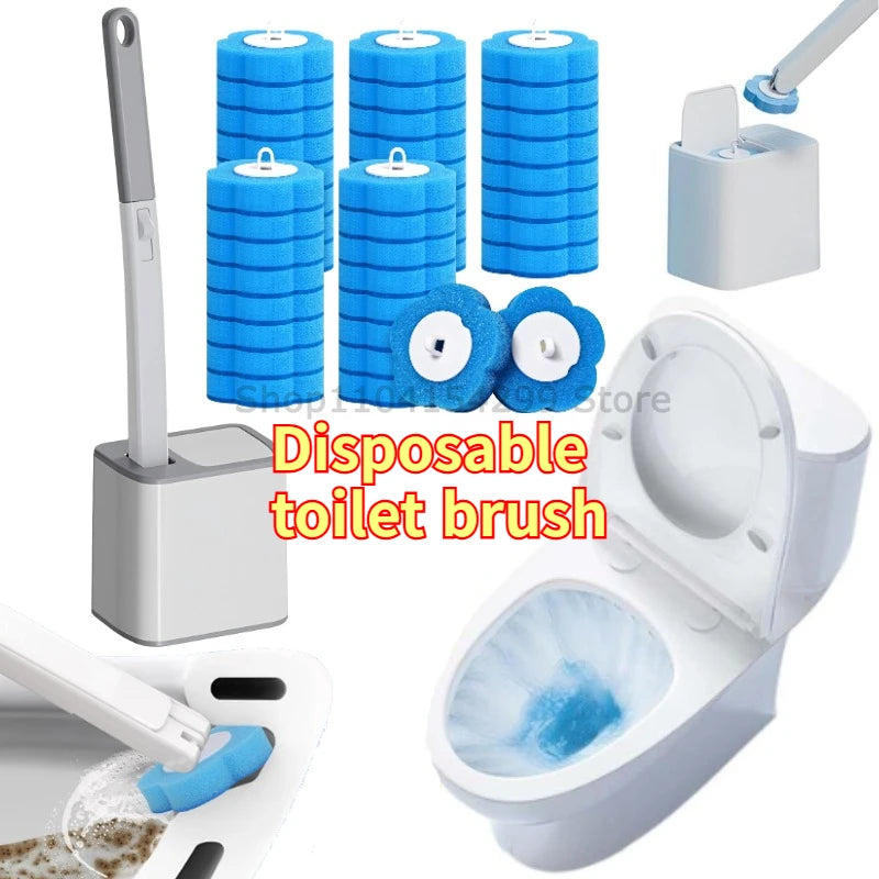 Disposable toilet brush refills with long handle and wall mount shown in various forms.