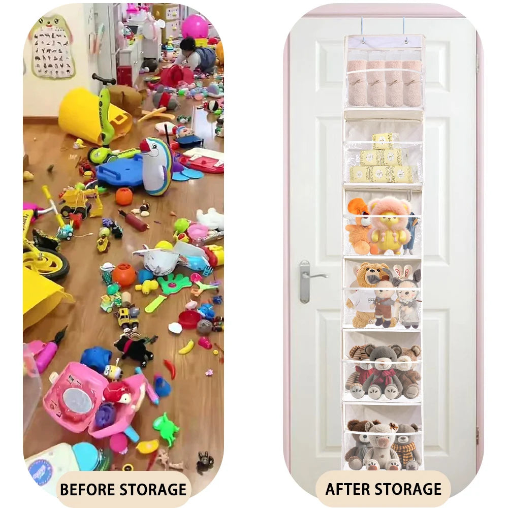 Before and after comparison of an over-the-door fabric storage organizer for toys