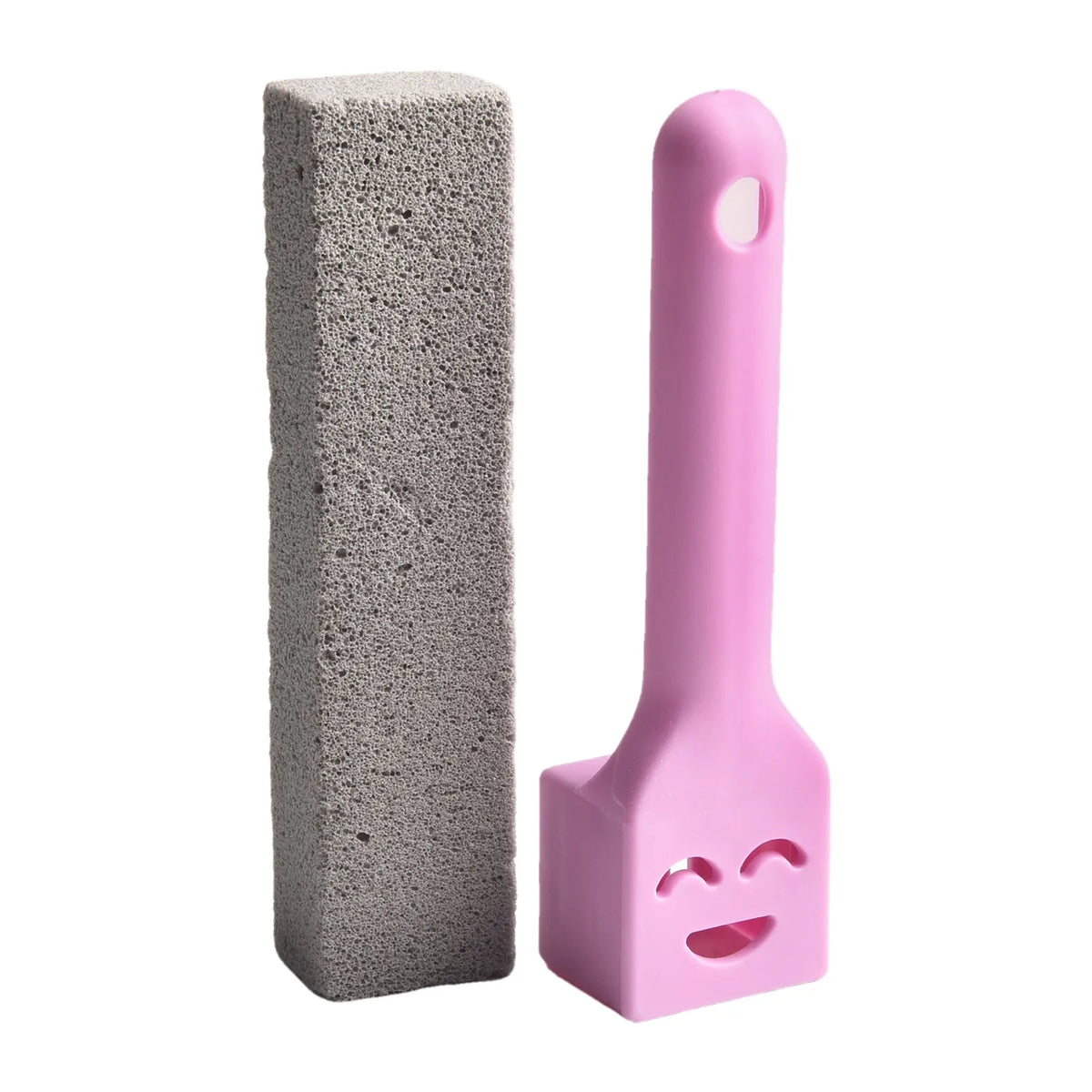 A natural pumice toilet cleaning brush with a pink handle and cylindrical body.