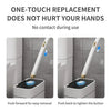 A white disposable toilet brush set with a long handle is shown being used for replacement.