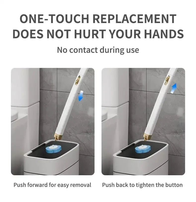 A white disposable toilet brush set with a long handle is shown being used for replacement.