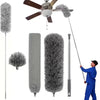 A silver extendable microfiber duster with a telescopic pole and a fluffy brush head.