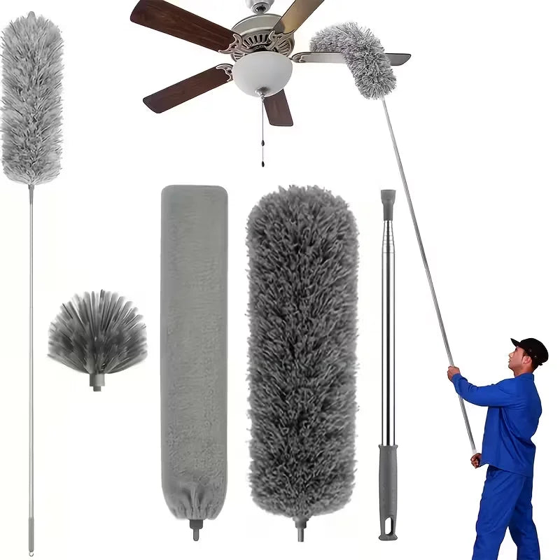 A silver extendable microfiber duster with a telescopic pole and a fluffy brush head.