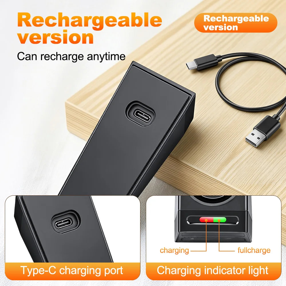 Topetador de puerta portátil negro con puerto de carga Type-C e indicador luminoso.