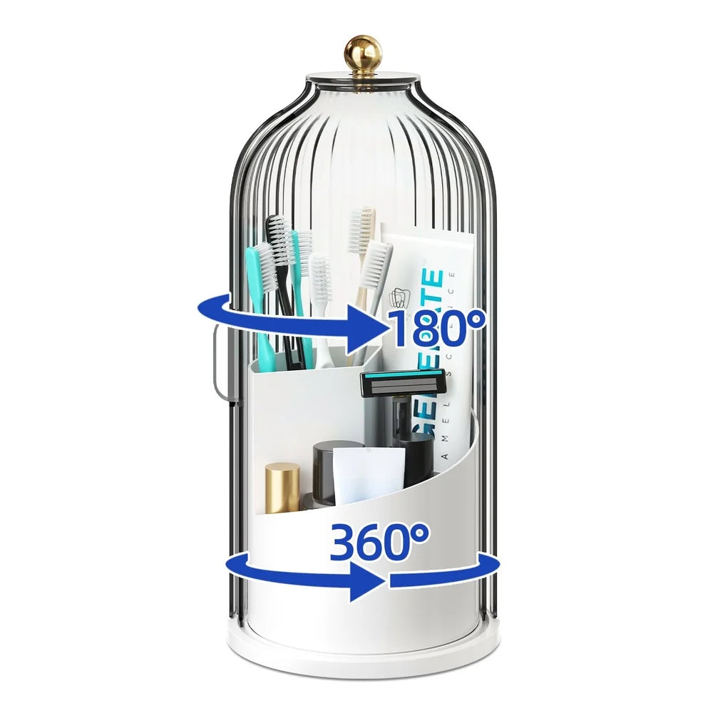 Klares Glasgefäß mit goldener Deckel, das verschiedene Pinsel und Make-upwerkzeuge für die 360-Grad-Rotation enthält.