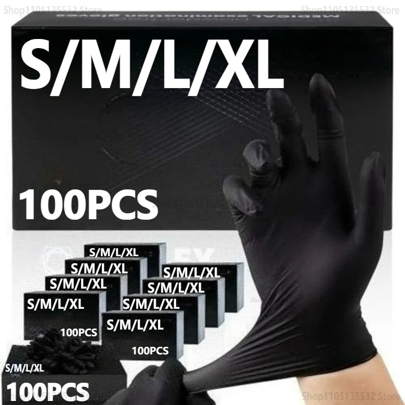 A hand wearing a black disposable nitrile glove is holding a box of 100 pairs of S/M/L/XL gloves.