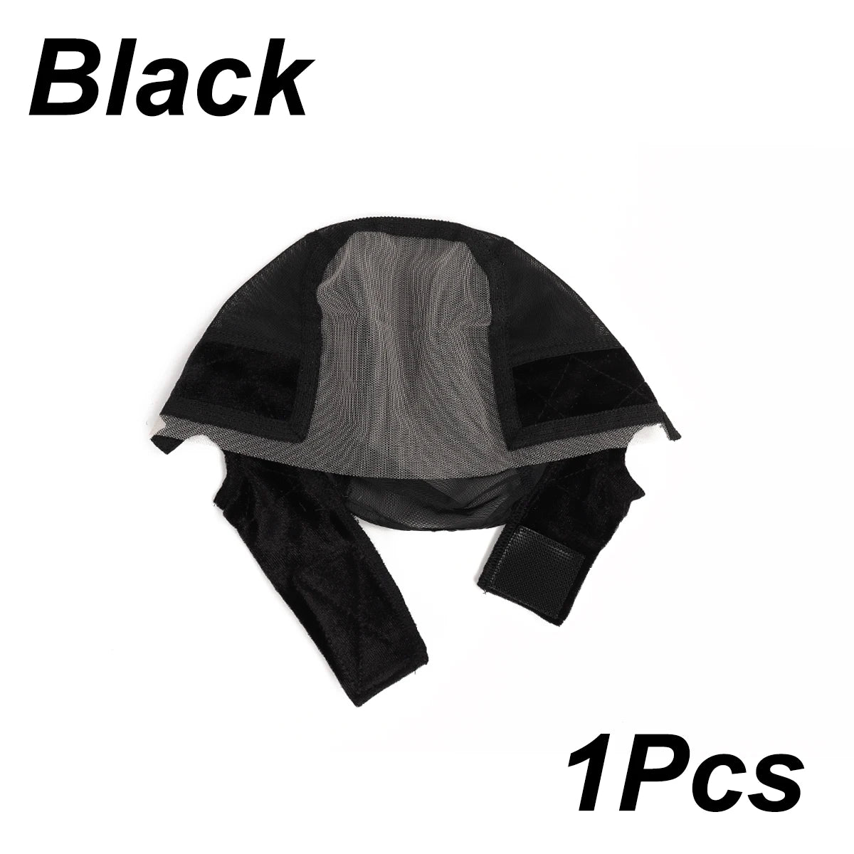 Black adjustable velvet headband wig cap shown flat lay