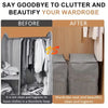Before and after comparison showing a cluttered wardrobe before and a neat, beautiful wardrobe after using quilt storage boxe