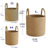 Three sizes of natural cotton rope storage baskets labeled S, M, and L shown with corresponding dimensions.