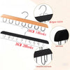 Wooden belt and accessory organizer featuring various sized metal hooks for hanging items.