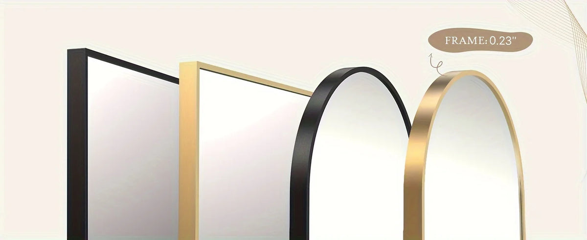A display of full length arch mirrors with black and gold aluminum frames.