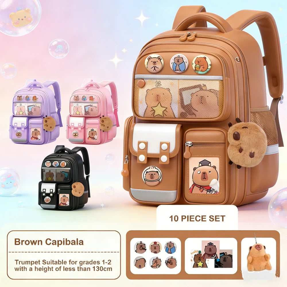 Brown Capybara style school backpack set featuring various cute animal figures and accessories