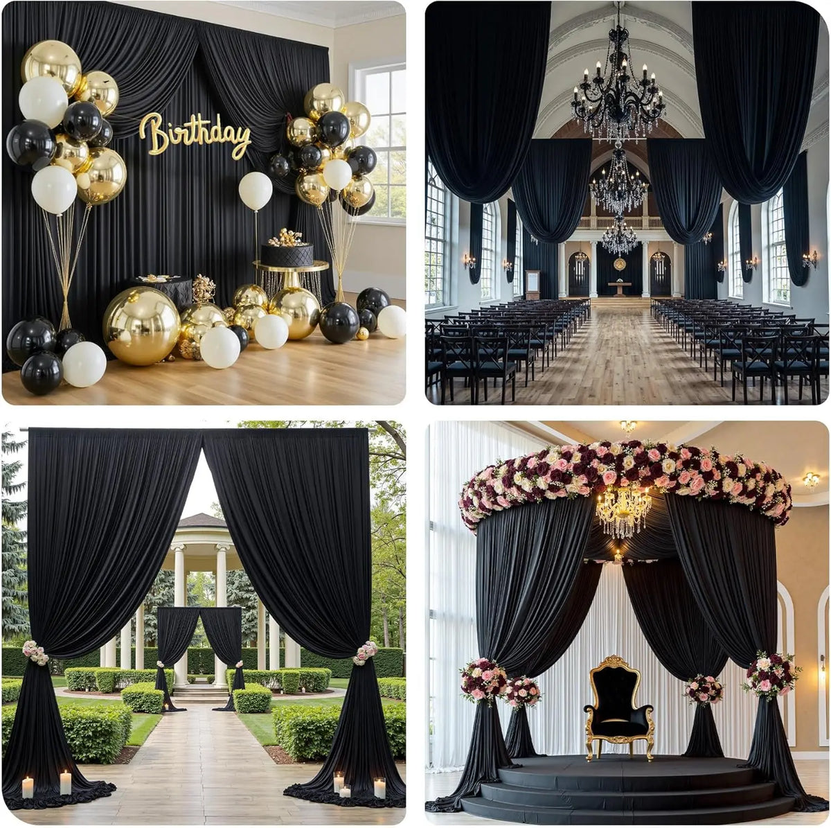 Cortinas de tela negra elegantes con globos dorados y blancos para una celebración de cumpleaños
