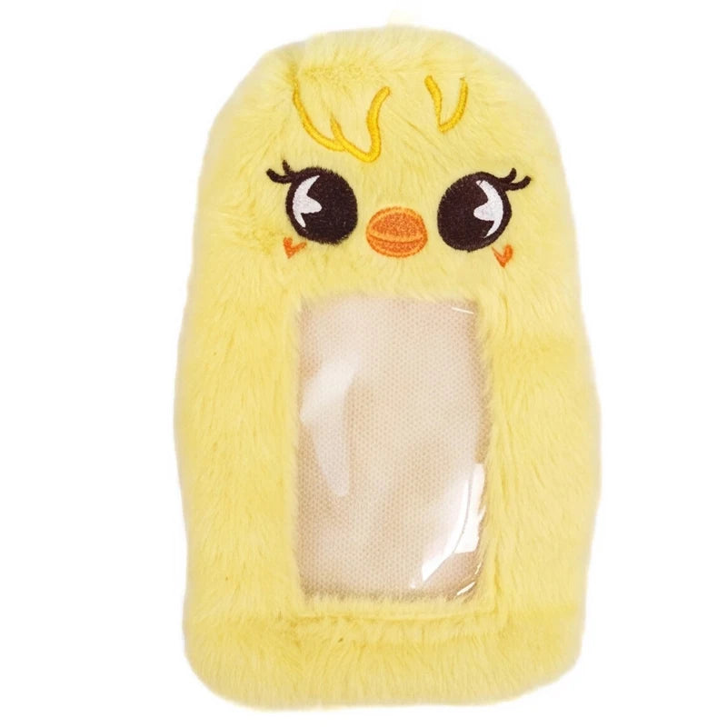 A yellow plush doll storage bag featuring a stylized bird face and a clear plastic window.