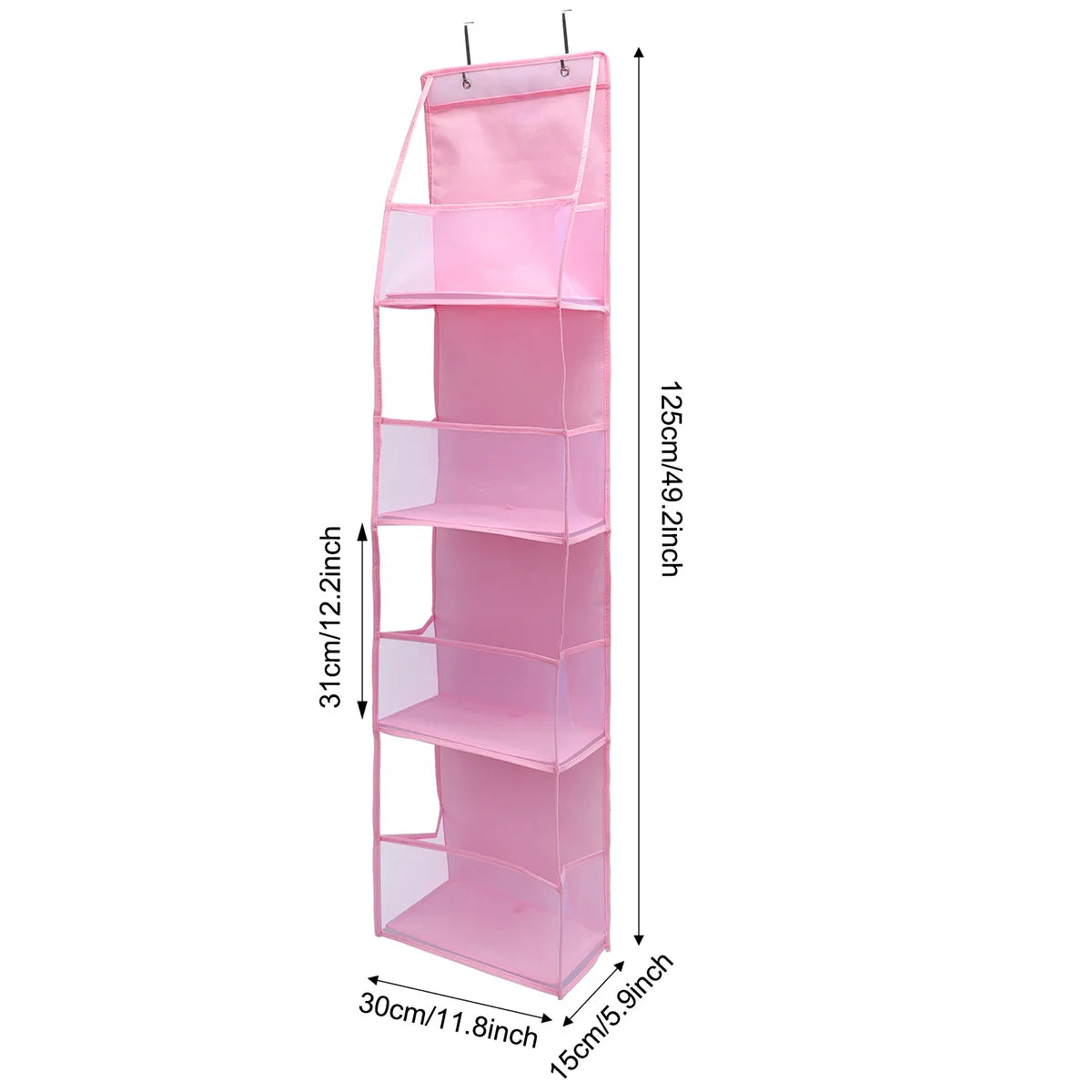 A tall, pink multi-layer door organizer with five clear plastic compartments for storage.