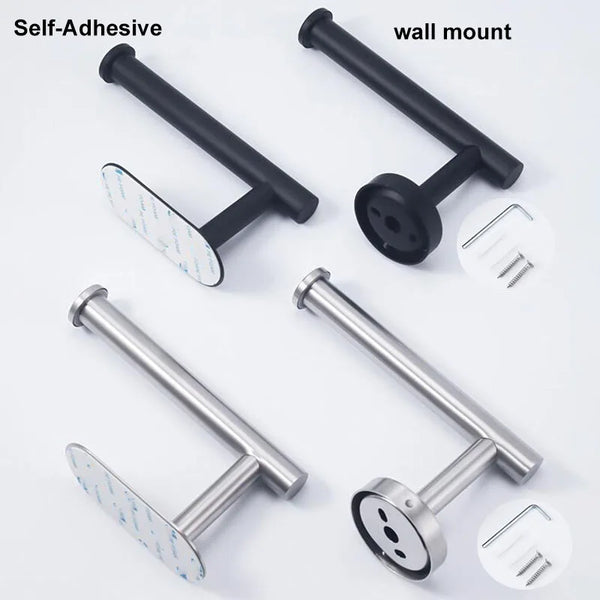 Stainless steel wall mount for tissue and paper towels shown in self-adhesive and wall mount configurations
