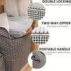 A close-up view of a foldable clothing storage bag with a checkered pattern and a portable handle.