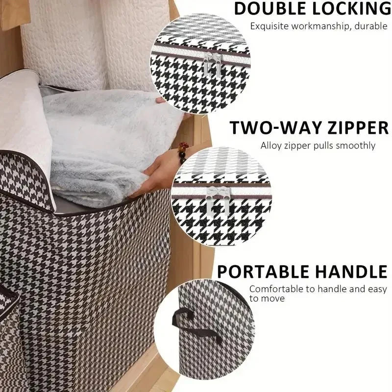A close-up view of a foldable clothing storage bag with a checkered pattern and a portable handle.