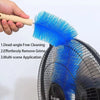 A hand is holding a blue cleaning brush with a fluffy tip, demonstrating its use for cleaning fans and windows.