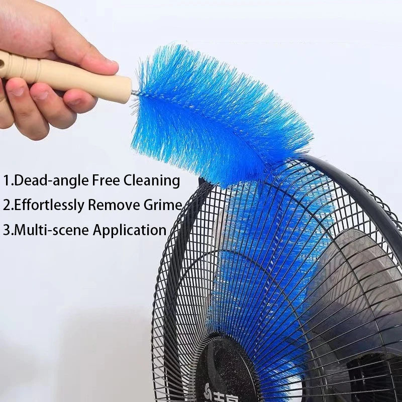 A hand is holding a blue cleaning brush with a fluffy tip, demonstrating its use for cleaning fans and windows.