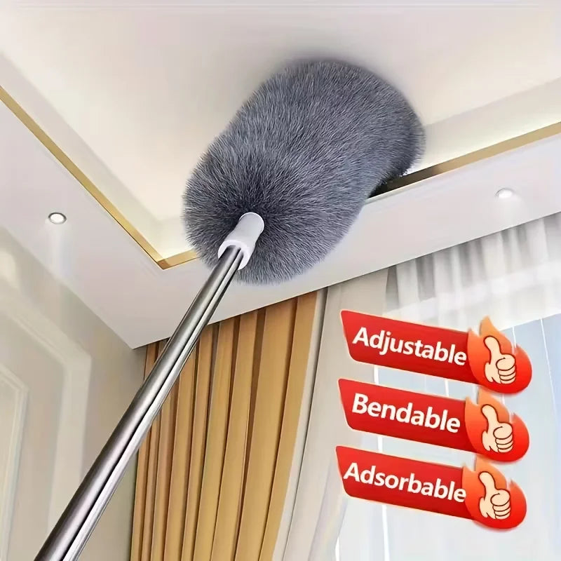 A silver retractable microfiber duster with a fluffy gray head is shown hanging from a ceiling fixture.