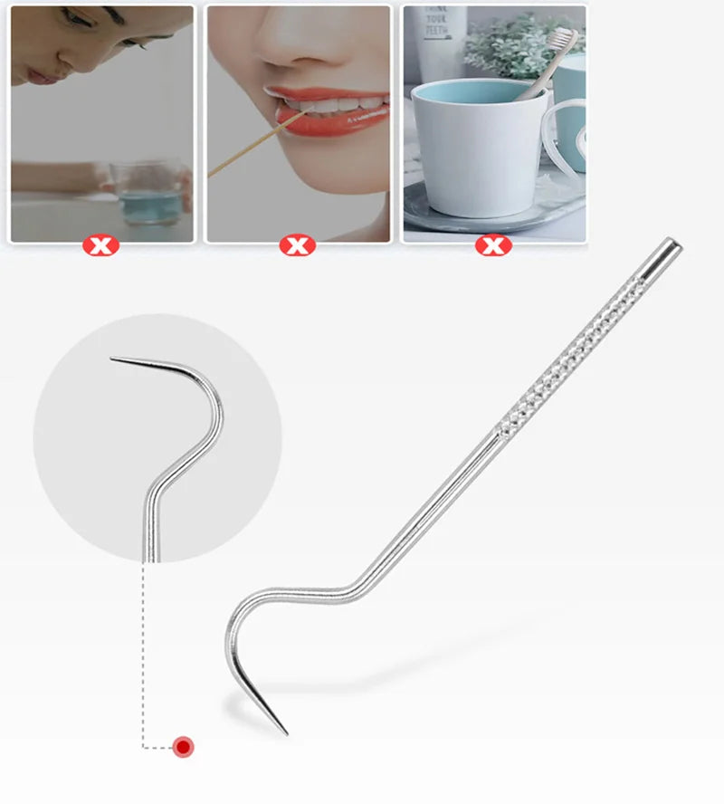 Stainless steel reusable toothpick with a curved tip shown next to cosmetic items.