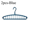 A blue foldable multi-hole space-saving laundry drying rack with a curved hook.