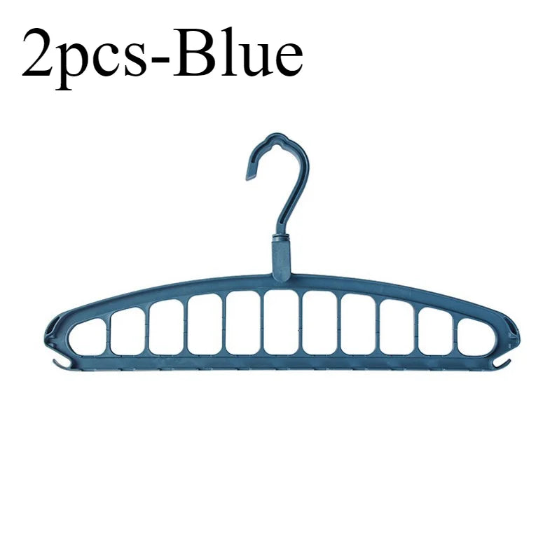 A blue foldable multi-hole space-saving laundry drying rack with a curved hook.