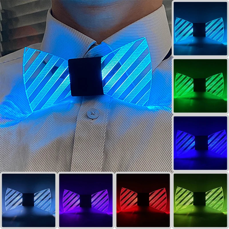LED light up anime glasses worn on a shirt, showing various colors and patterns.