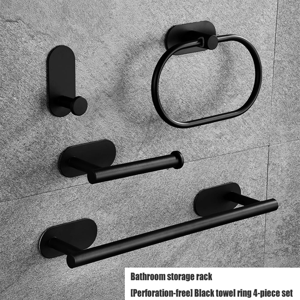 Black bathroom storage rack with four pieces for towel and paper