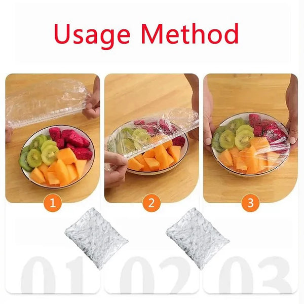 Instructions showing how to use reusable food storage covers to wrap and store fresh fruits and vegetables.