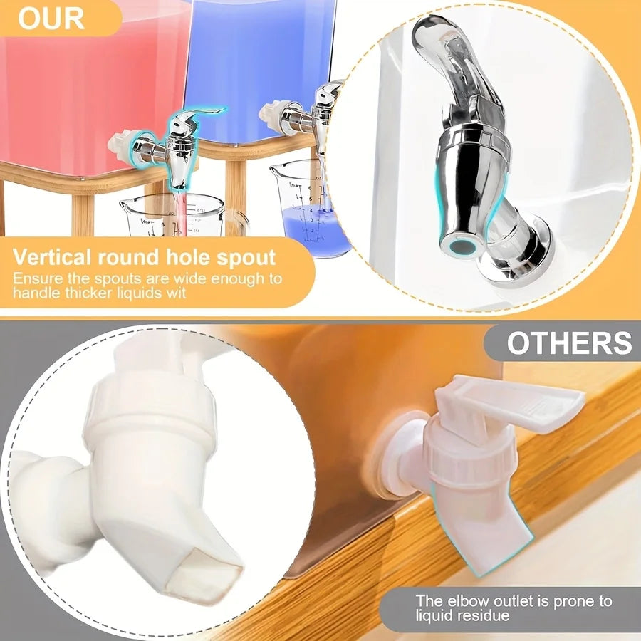 Stainless steel laundry detergent dispenser featuring a vertical round hole spout and an elbow outlet for liquid dispensing.
