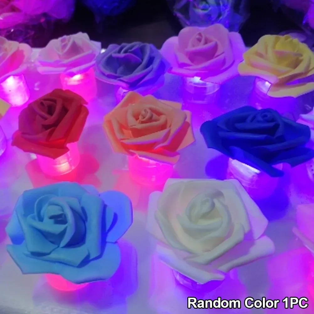A collection of luminous 3D rose-shaped lights in various pastel colors like pink, purple, yellow, and blue.
