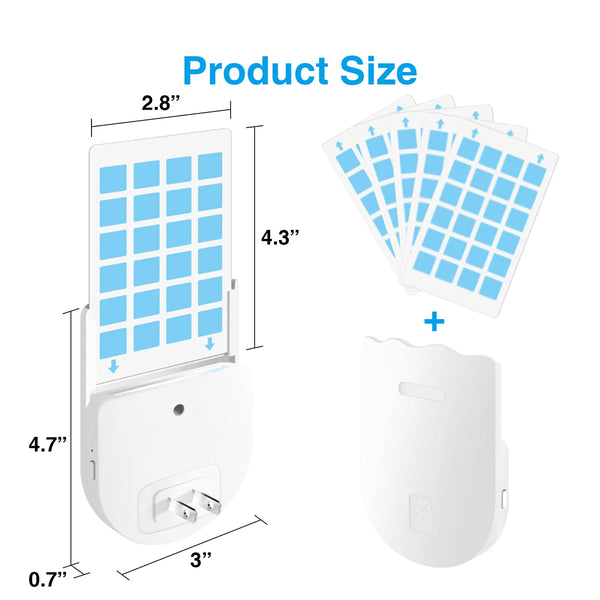 A white adhesive mosquito killer lamp with a night light, shown with various size dimensions and multiple product units.