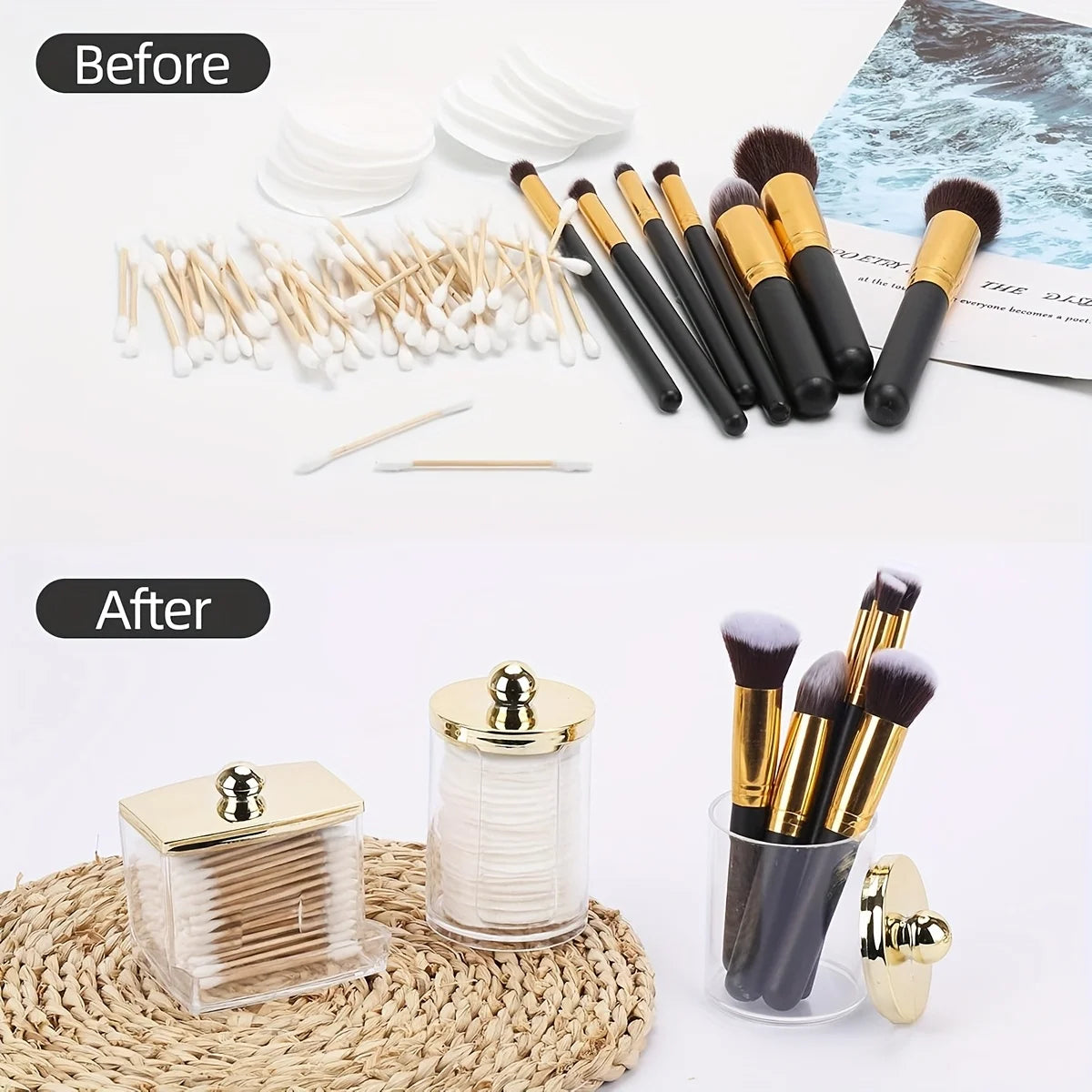 Before and after comparison of cotton ball and swab dispensers with a golden lid