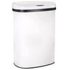 A white automatic touchless trash can with a black rim and a small indicator light.
